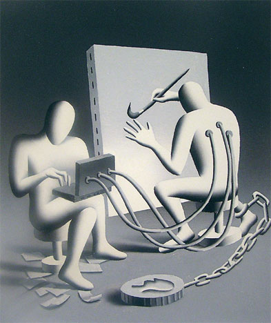 Mark Kostabi, Chain of Desire, 2005, oil on canvas, 23 5/8x19 3/4 inches
