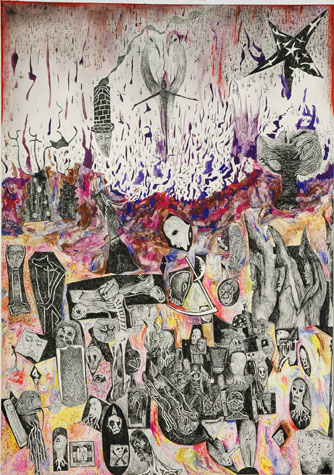 Nick Blinko, purple ember chamber, c. 1998-2006, color inks on paper, 16.5x11.5 inches