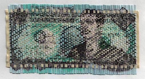 Oriane Stender, Dinars to Dollars, 2005, woven dollars and dinar note, 4x6 inches