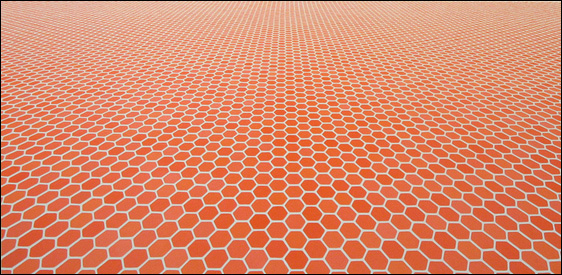 Sara Eichner, red hexagons, 2006, oil on panel, 40x82 inches
