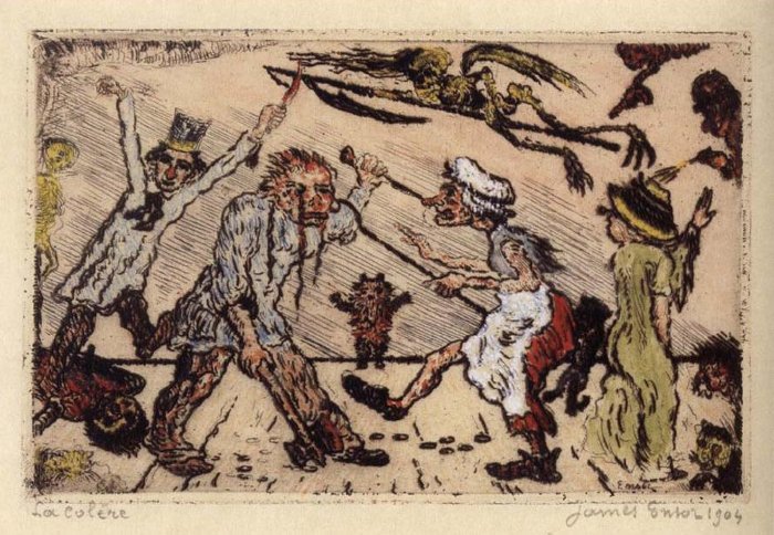 James Ensor, La Colere, 1904, etching from a copper plate, with hand coloring, on ivory wove paper, 93 x 144 mm (image)